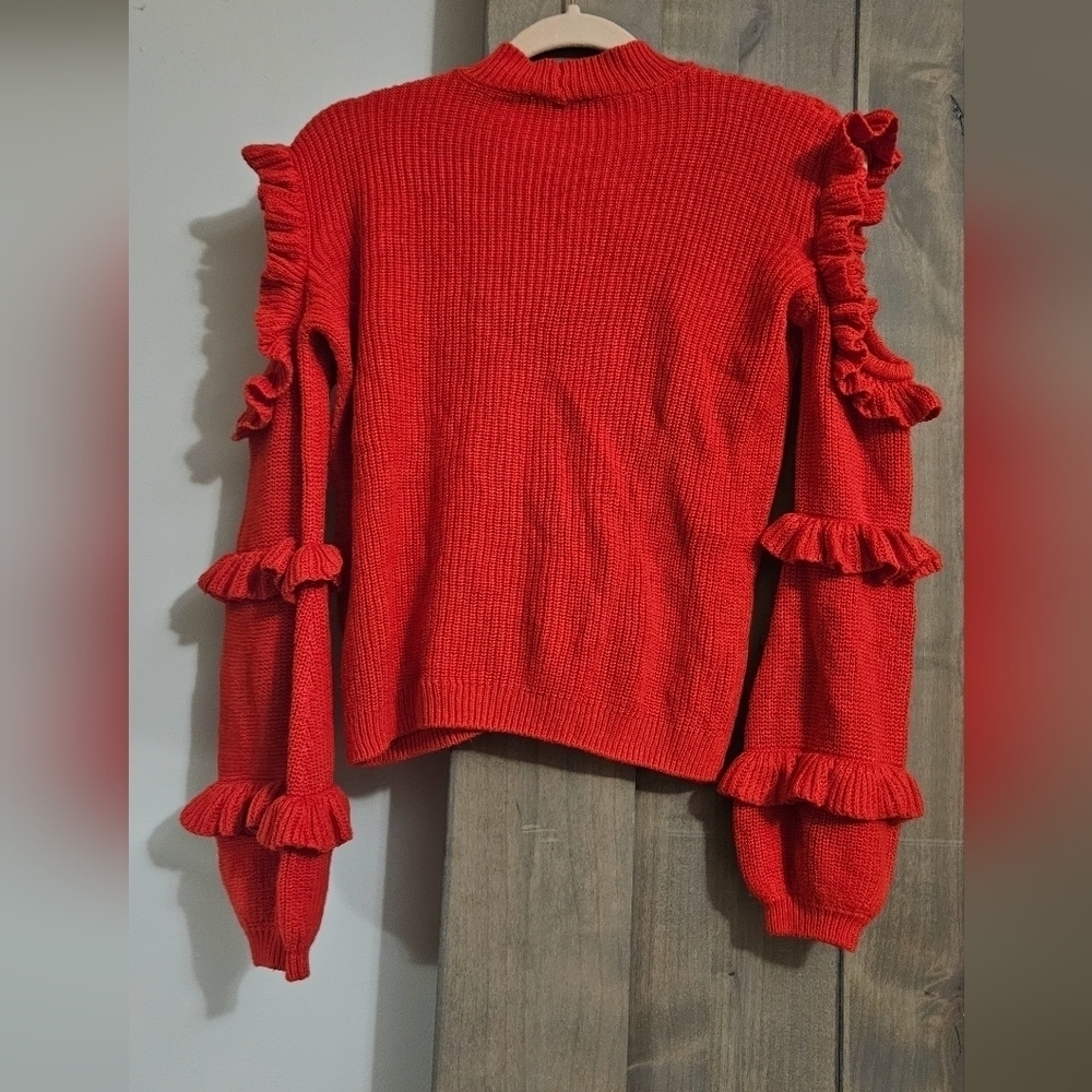 Express Red Cable Knit Cold Shoulder Ruffle Sweater XS - Picture 8 of 11